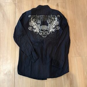 Black Ink Vengeance Mens Large Skull Wing Button Down Shirt Gothic Rock